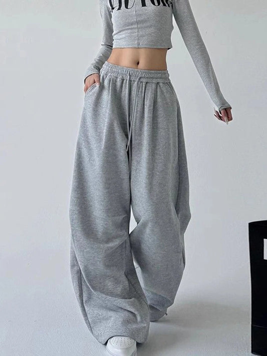 Harajuku pantalon de survêtement à jambes larges femmes Streetwear Baggy surdimensionné gris pantalon de sport taille haute cordon pantalon décontracté