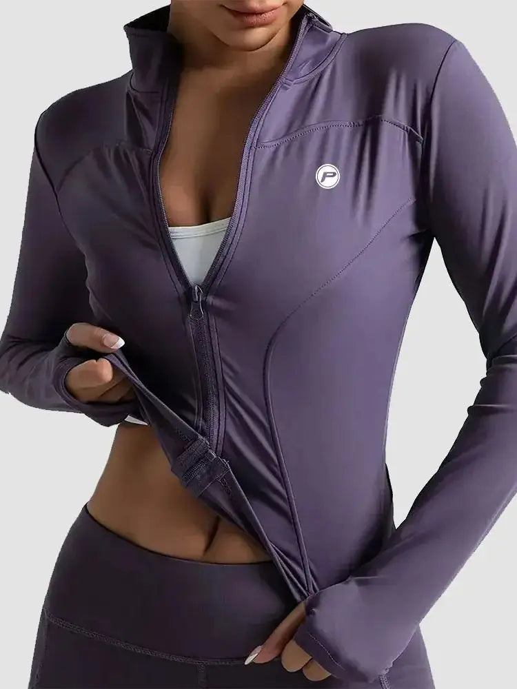 Veste de course à fermeture éclair pour femmes, légère et extensible, avec trous pour les pouces, vêtements de sport respirants