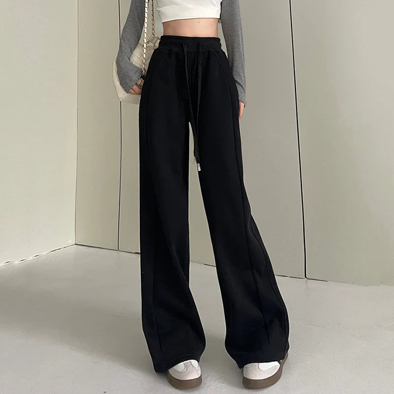 Jogging de sport élastique pour femmes, basique, blanc, gris, noir, jambes larges, droit, polyvalent, taille haute, survêtement