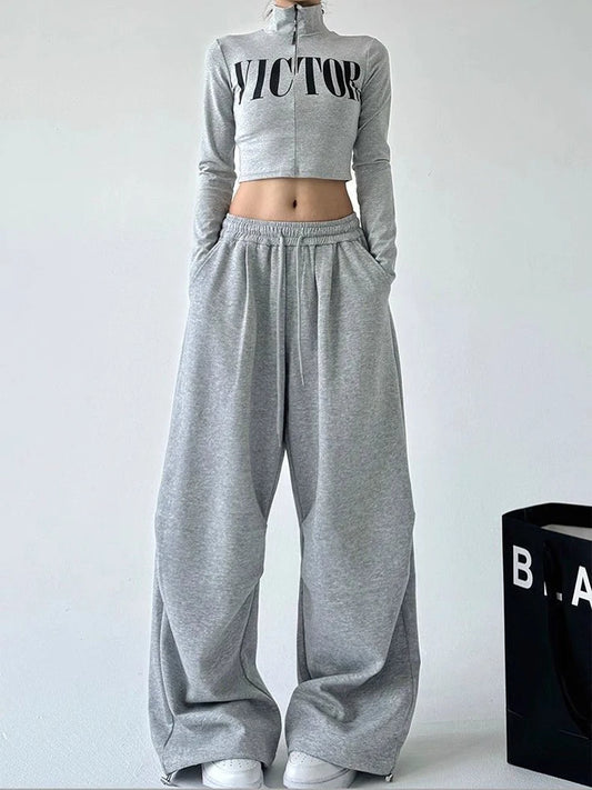 Harajuku pantalon de survêtement à jambes larges femmes Streetwear Baggy surdimensionné gris pantalon de sport taille haute cordon pantalon décontracté
