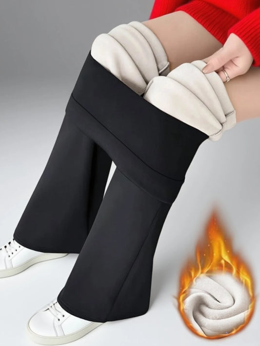 1 paire de pantalons à cloche doublés de laine noire pour femmes - ...