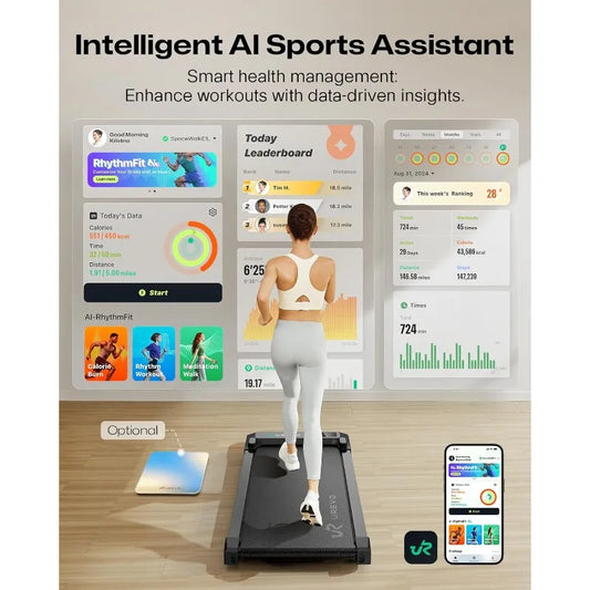 UREVO Tapis de marche intelligent, tapis roulant compact sous le bureau avec double absorption des chocs, fonctionnement silencieux, application d'entraînement