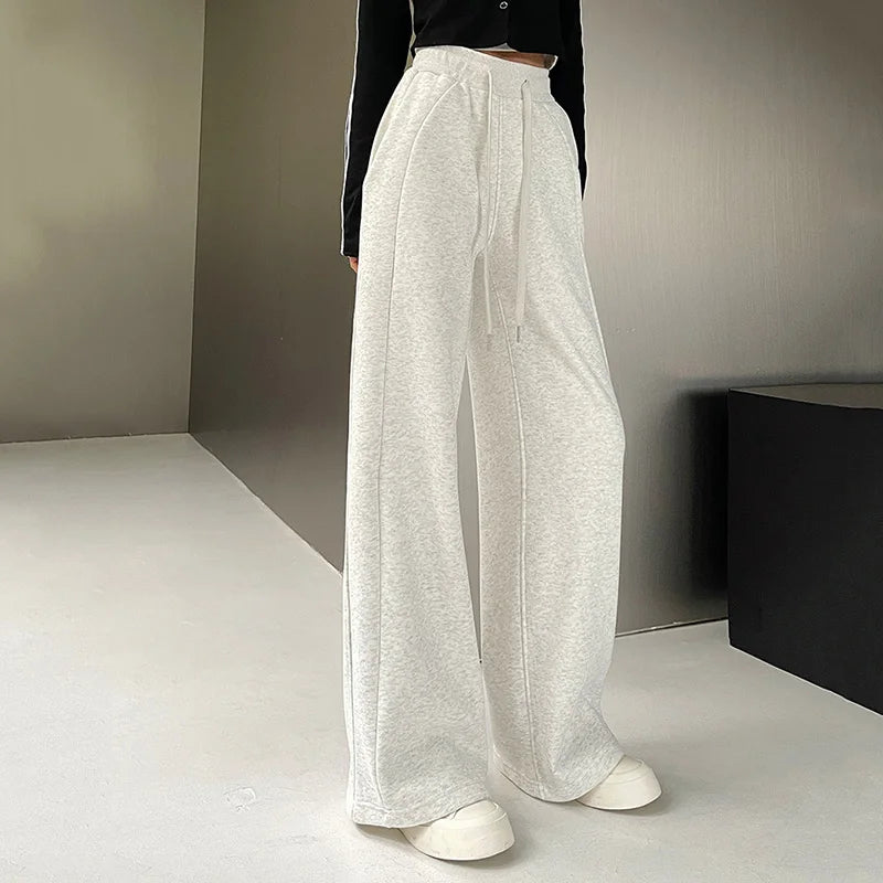 Jogging de sport élastique pour femmes, basique, blanc, gris, noir, jambes larges, droit, polyvalent, taille haute, survêtement