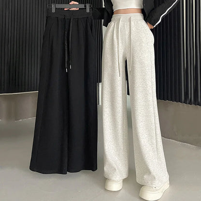 Jogging de sport élastique pour femmes, basique, blanc, gris, noir, jambes larges, droit, polyvalent, taille haute, survêtement
