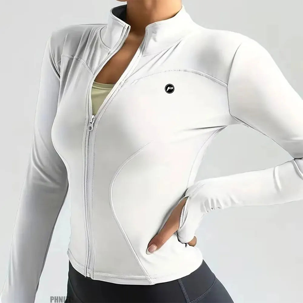 Veste de course à fermeture éclair pour femmes, légère et extensible, avec trous pour les pouces, vêtements de sport respirants