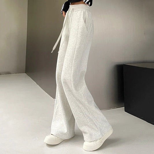 Jogging de sport élastique pour femmes, basique, blanc, gris, noir, jambes larges, droit, polyvalent, taille haute, survêtement