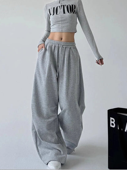 Harajuku pantalon de survêtement à jambes larges femmes Streetwear Baggy surdimensionné gris pantalon de sport taille haute cordon pantalon décontracté