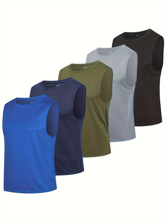 Lot de 5 débardeurs athlétiques pour hommes, hauts de fitness et de musculation respirants sans manches, vêtements de sport sportifs dans des couleurs assorties | Fitness Hommes