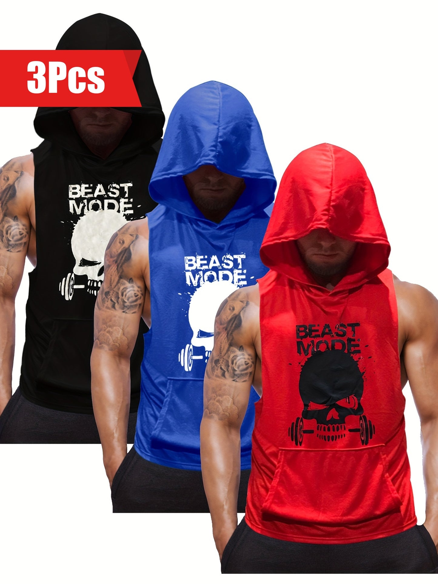 3pcs Men's Sleeveless Hooded Stringers Workout Tank Tops Skull Bodybuilding Workout Shirts