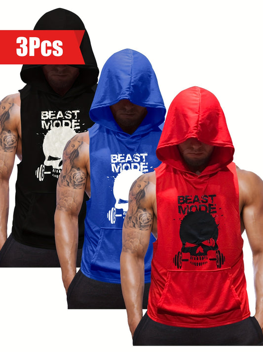 3pcs Men's Sleeveless Hooded Stringers Workout Tank Tops Skull Bodybuilding Workout Shirts