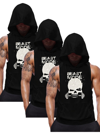 3pcs Men's Sleeveless Hooded Stringers Workout Tank Tops Skull Bodybuilding Workout Shirts