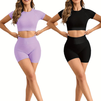 Ensemble Dos ouvert en nylon sans couture, haut à manches courtes très extensible, respirant et confortable 2 pièces | Fitness Femme
